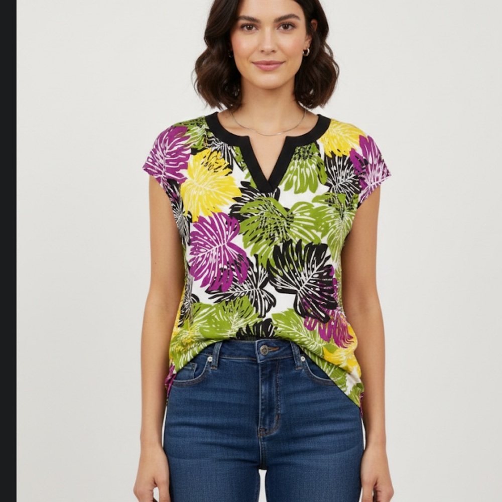 Worthington Tropical Monstera Leaf Print Blouse - XL